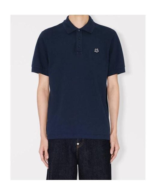 KENZO Blue Boke Flower Embroidered Slim Polo Shirt for men