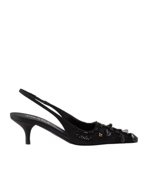 Prada Black Embroidered Satin Slingback Pumps
