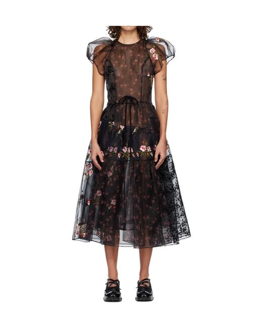 Simone Rocha Black Sheer Puff Sleeve And Ruffle Dress