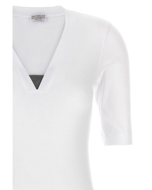 Brunello Cucinelli White Deep V-Neck Ribbed Top