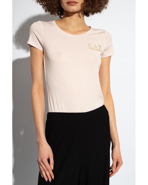 EA7 Natural Rhinestone-Appliqué Logo-Print T-Shirt