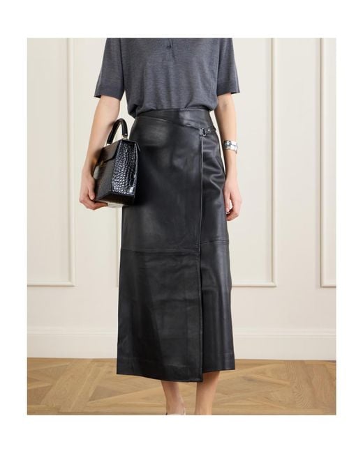 St. Agni Black Leather Midi Wrap Skirt