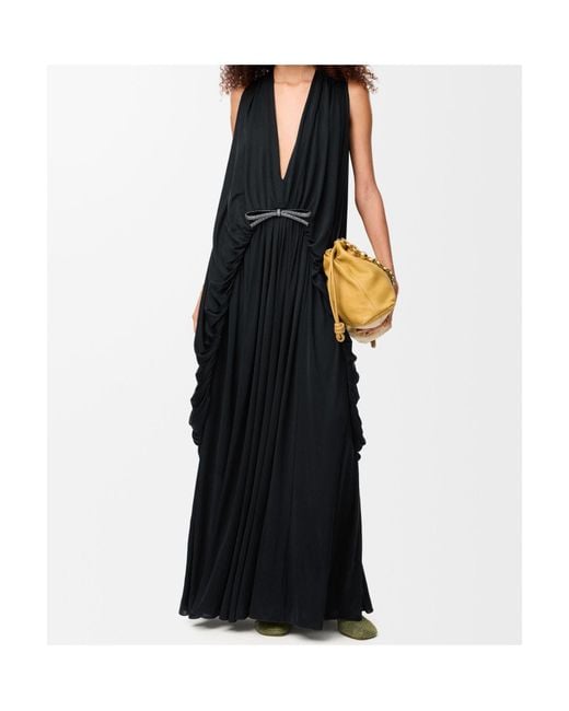 Loewe Black Draped Embellished Deep V-Neck Dress
