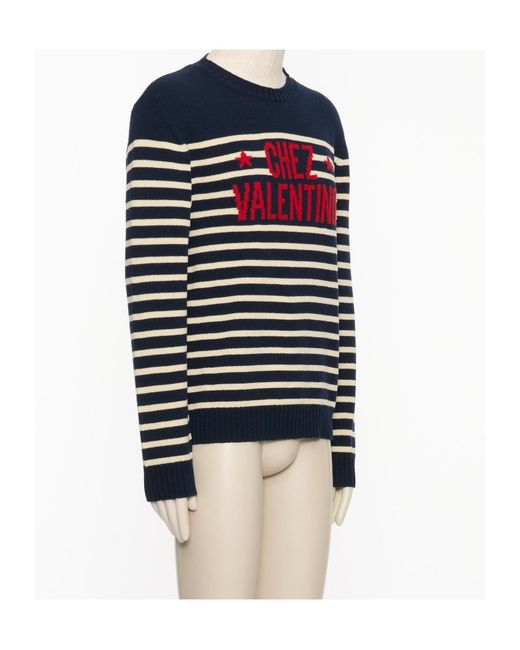 Valentino Blue Striped Logo Detailed Crewneck Jumper for men