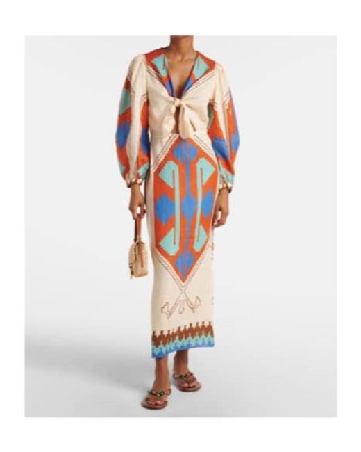 Johanna Ortiz Orange Printed Tie-Detail Linen Midi Dress