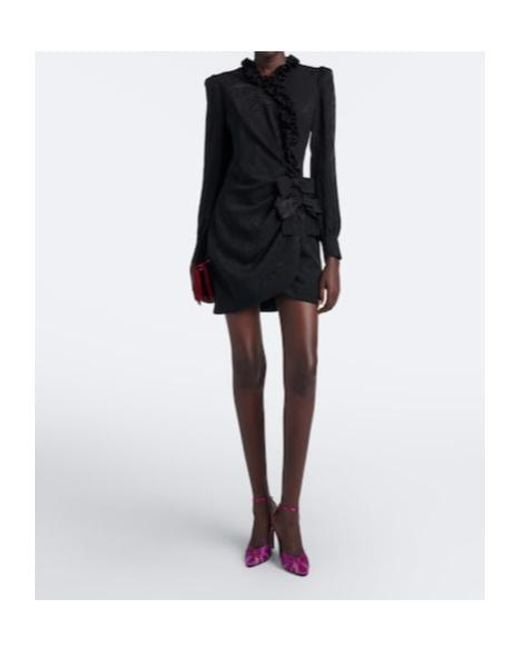 Alessandra Rich Black Bow-Embellished Ruffled Silk Ripple Mini Dress