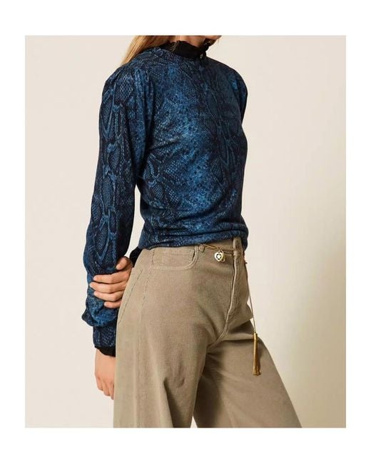 Twinset Blue Python-Print Wool Pullover