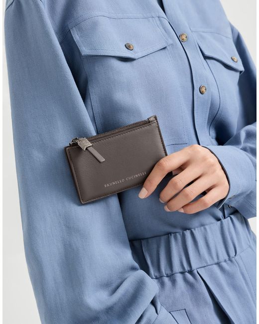 Brunello Cucinelli Gray Calfskin Card Case With Shiny Zipper Pull