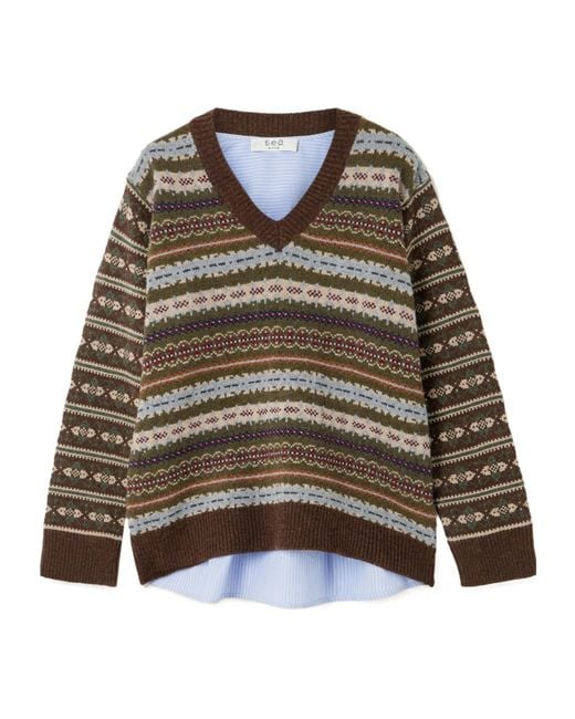 Sea Multicolor Ciara Striped Cotton-Poplin And Fair Isle Wool Sweater