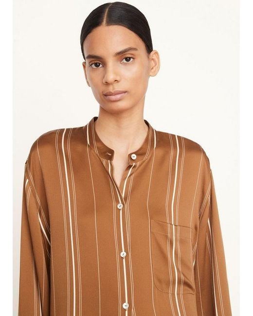Vince Brown Striped Band-Collar Silk Shirt