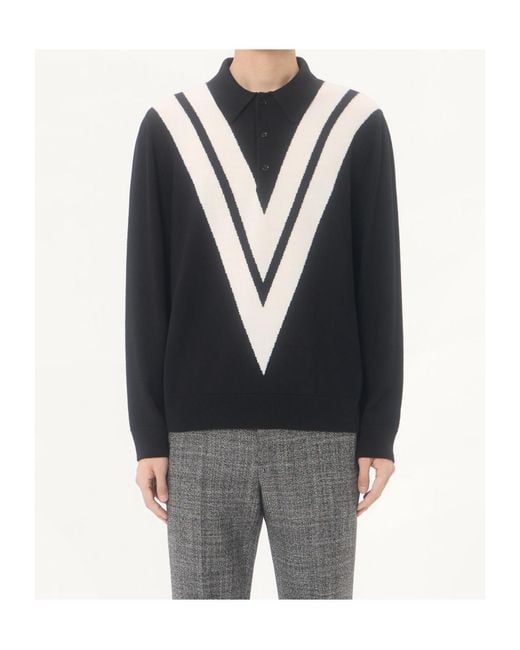 Valentino Black Wool Polo Shirt With Inlaid V for men
