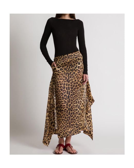 Alberta Ferretti Natural Silk Long Skirt With Leopard Print