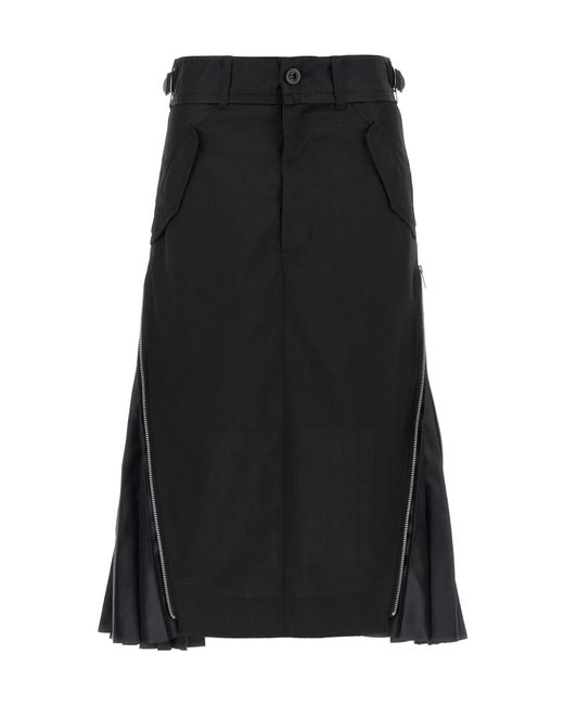 Sacai Black Zip-Detail Pleated Skirt