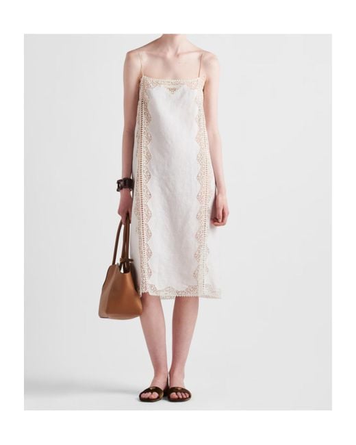 Prada White Embroidered, Lace-Trimmed Linen Dress