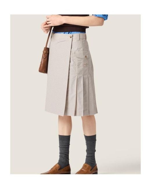 Miu Miu Natural Checked Pleated Midi Skirt