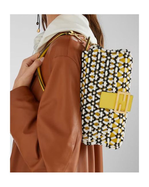 Fendi Metallic Baguette Beaded-Flowers Shoulder Bag