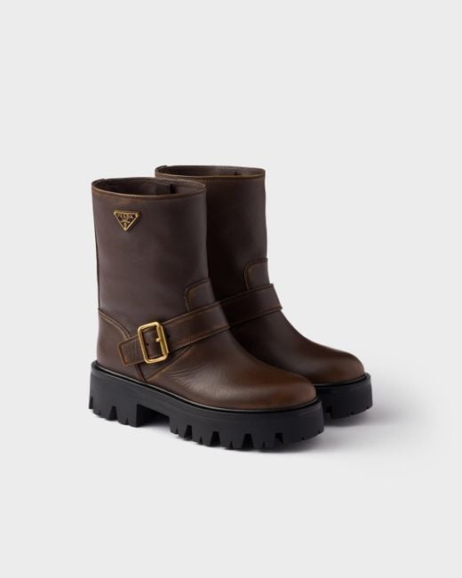 Prada Brown Logo Plaque Buckled Boots