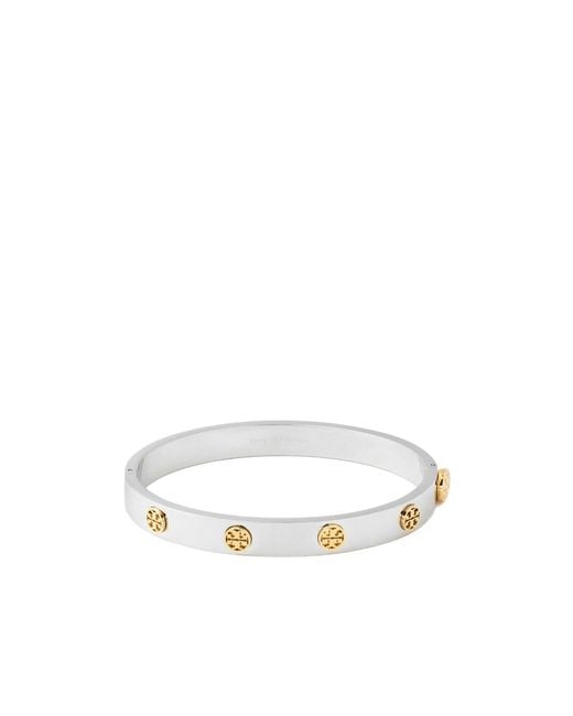 Tory Burch White Two-Tone Logo Motif Hinged Bangle
