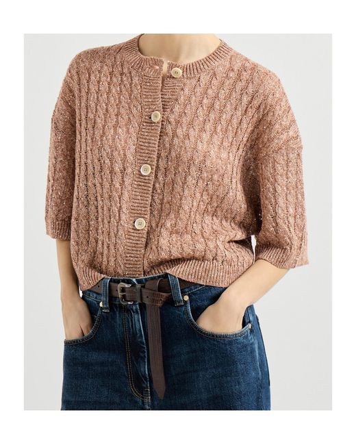 Brunello Cucinelli Brown Cable-Knit Openwork Cardigan