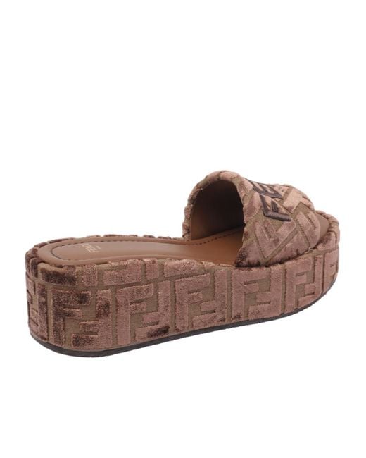 Fendi Brown Ff Logo Platform Slides