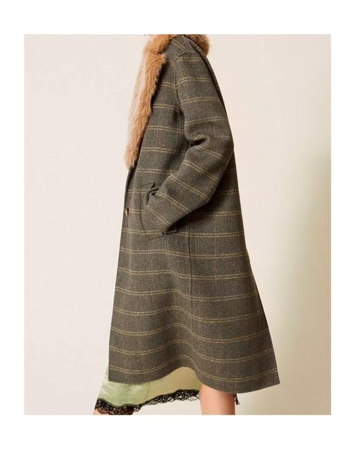 Twinset Multicolor Double-Breasted Plaid Wool Coat