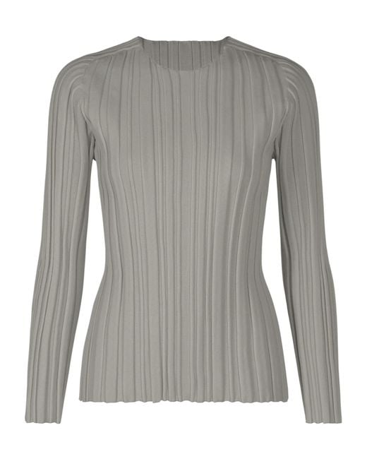 Pleats Please Issey Miyake Gray Ribbed Knit Crew Neck Top