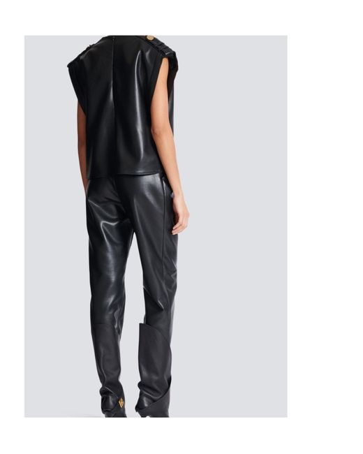 Balmain Black Faux Leather Draped Top