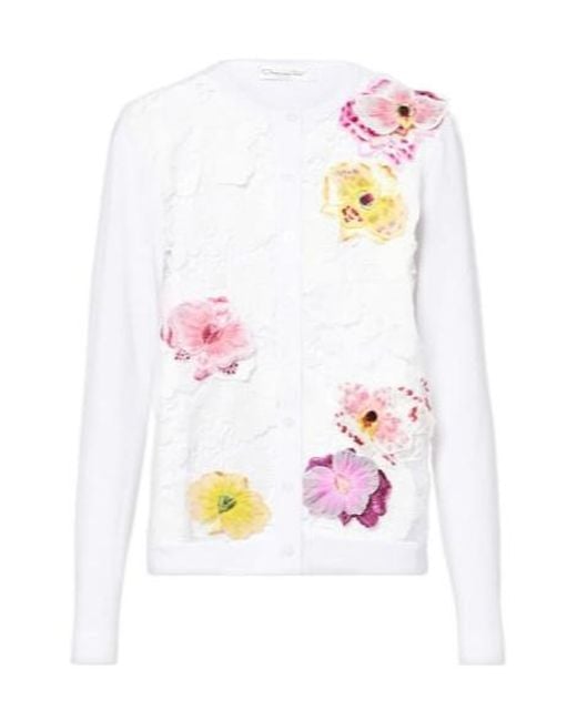 Oscar de la Renta White Floral-Appliqué Cotton-Blend Cardigan