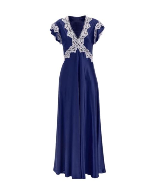 Alberta Ferretti Blue Lace Trim Maxi Dress