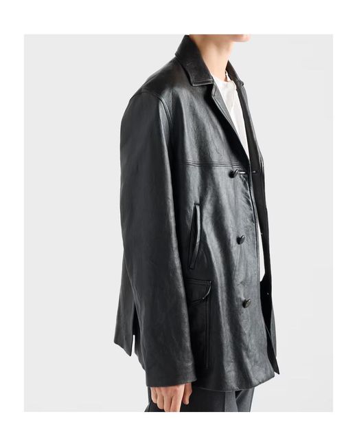 Prada Black Double-Breasted Nappa Leather Caban Jacket for men