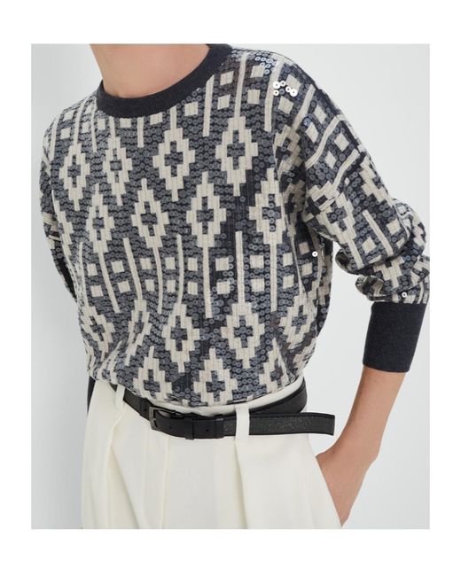 Brunello Cucinelli Gray Sequin-Embellished Printed Round-Neck Sweatshirt