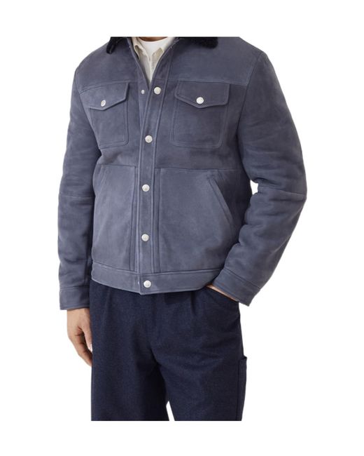 Brunello Cucinelli Blue Shearling-Collar Flap-Pocket Jacket for men