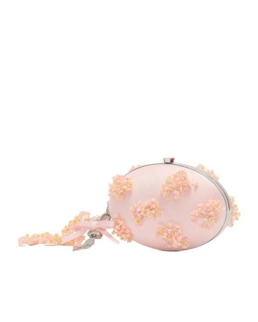 Self-Portrait Pink Satin Floral Beaded Oval Clutch