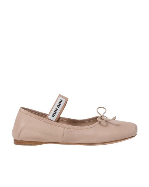 Miu Miu Pink Logo-Printed Bow Detailed Ballerina Shoes
