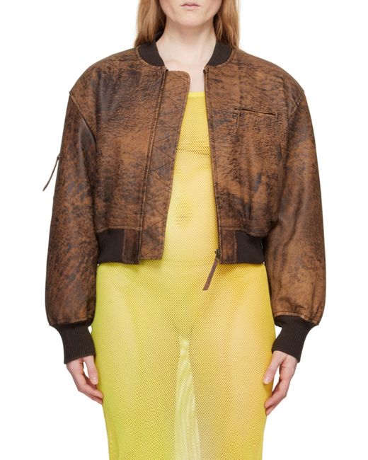 Acne Brown Abstract Printed Cropped Bomber Jacket