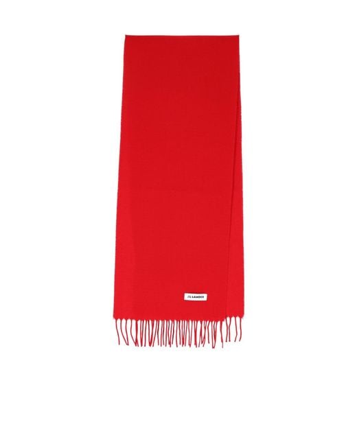 Jil Sander Red Fringed Logo Patch Scarf