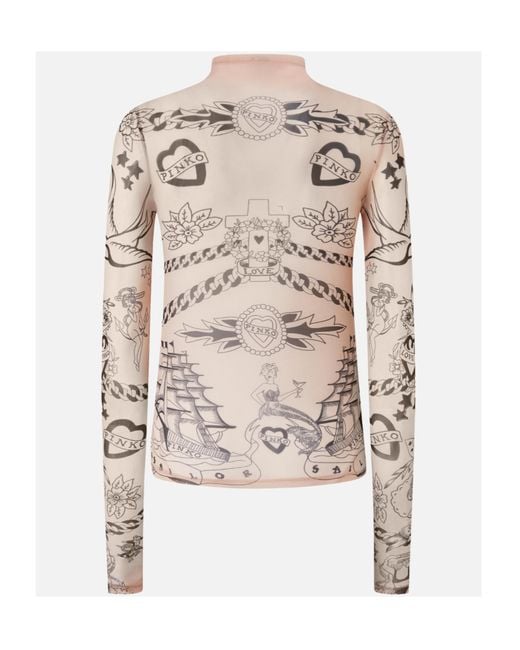 Pinko White Graphic-Print Mesh Top