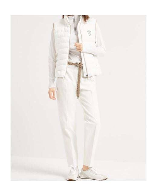 Brunello Cucinelli White Logo Embroidered Straight Leg Pants