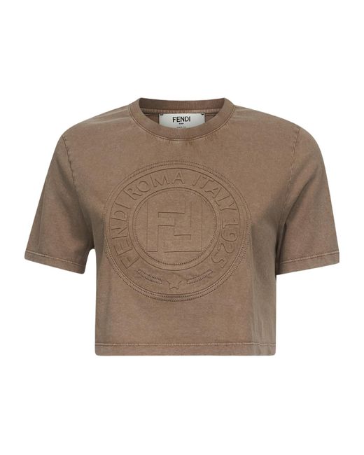 Fendi Women's Brown Logo Detailed Cropped T-Shirt