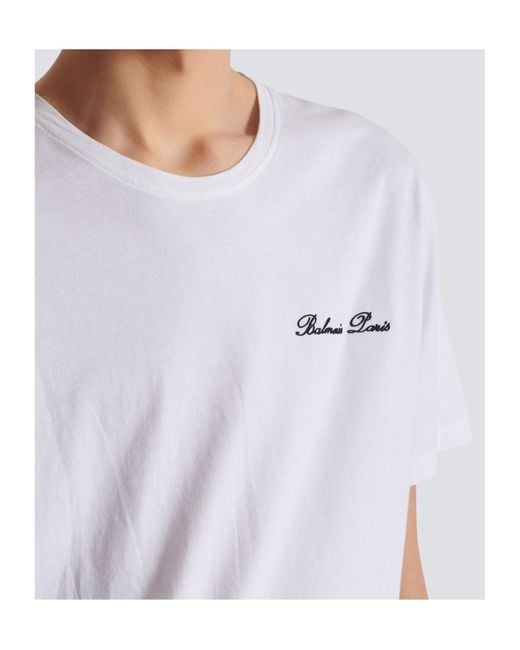 Balmain White Logo Embroidered Crewneck T-Shirt for men