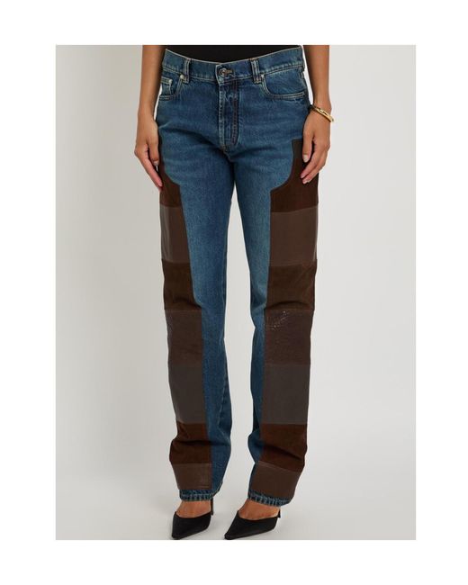 Versace Blue Leather And Suede Patchwork Straight-Leg Jeans