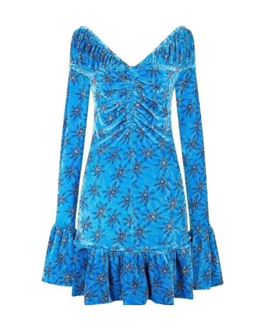 Rabanne Blue Floral-Print Flared Velvet Minidress