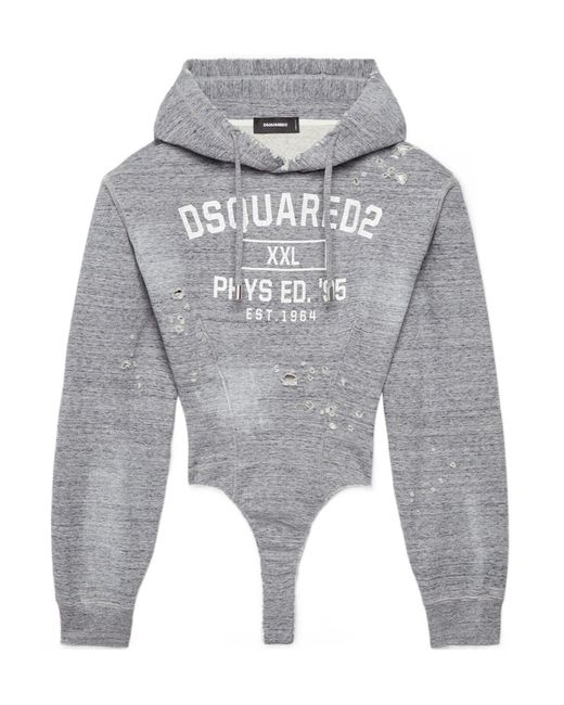 DSquared² Gray Logo Printed Hooded Distressed Bodysuit