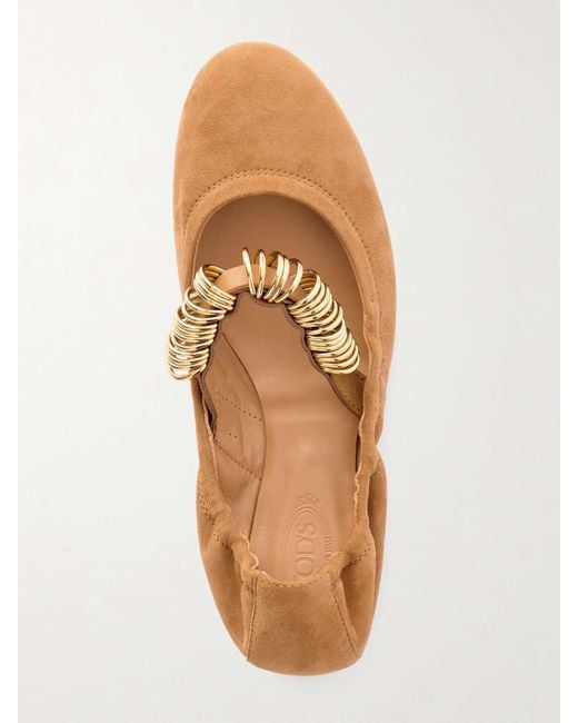 Tod's Natural Golden-Ring Detail Suede Ballet Flats