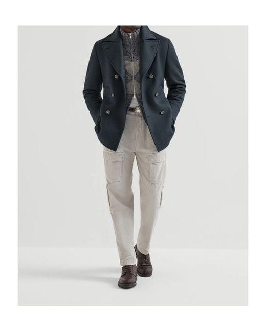 Brunello Cucinelli Blue Double-Breasted Wool Jacket for men
