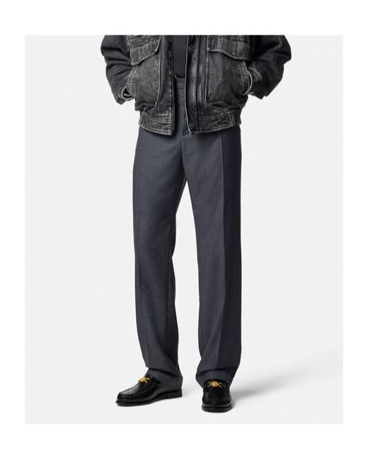 Versace Blue Micro-Checked Wool Trousers for men