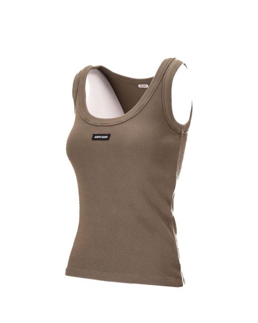 Miu Miu Brown Logo Patch Ribbed-Knit Tank Top