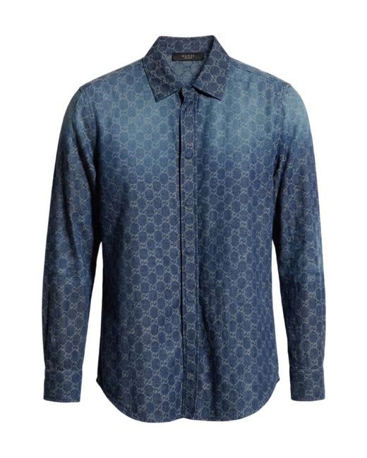 Gucci Blue Gg Chambray Cotton Denim Shirt for men