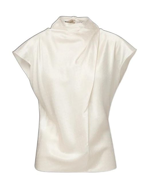 Veronica Beard White Ecru Dotted Cap-Sleeve Top