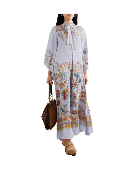 Etro Blue Pussy-Bow Printed Silk Maxi Dress